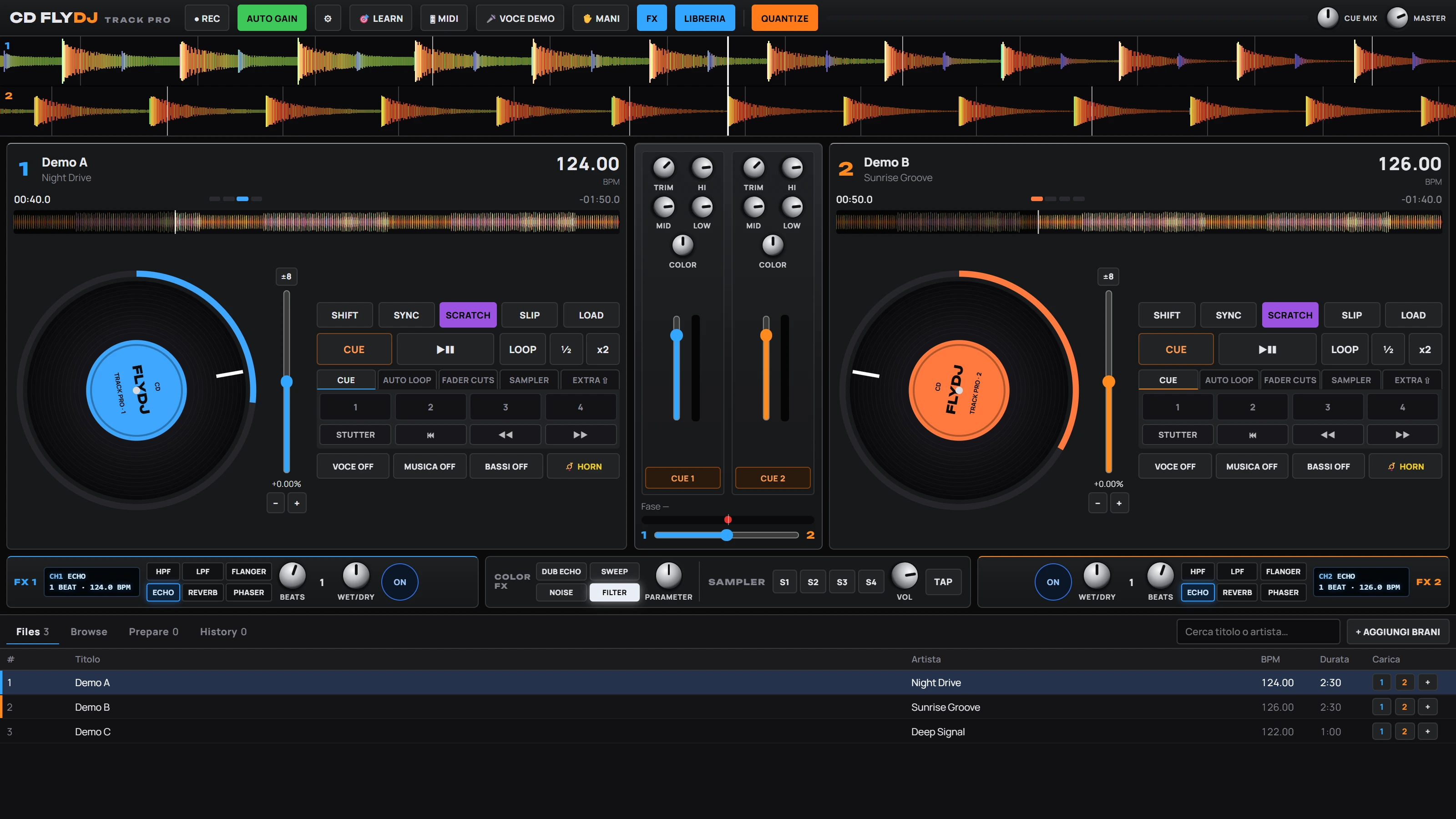 Skin Club Mixer con manopole TRIM, HI, MID, LOW, COLOR e display degli effetti